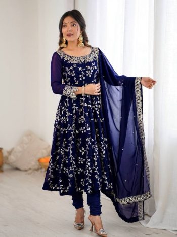 DESIGNER GEORGETTE EMBROIDERY SEQUENCE WORK GOWN BOTTOM WITH DUPATTA NAVY BLUE
