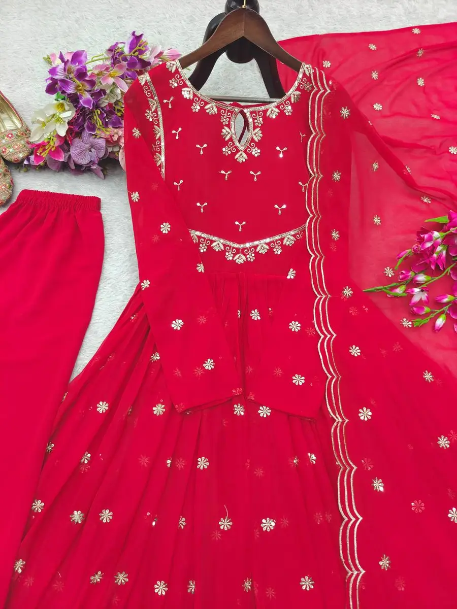 DESIGNER GEORGETTE EMBROIDERY SEQUENCE WORK GOWN PALAZZO WITH DUPATTA FESTIVE WEAR WHOLESALE PRICE ETHNIC GARMENT (7)