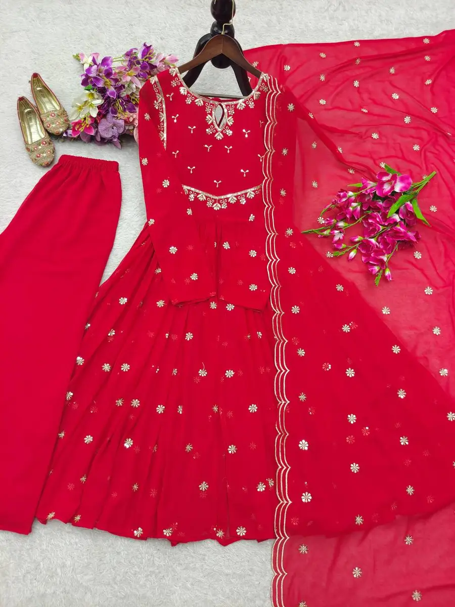 DESIGNER GEORGETTE EMBROIDERY SEQUENCE WORK GOWN PALAZZO WITH DUPATTA FESTIVE WEAR WHOLESALE PRICE ETHNIC GARMENT (9)