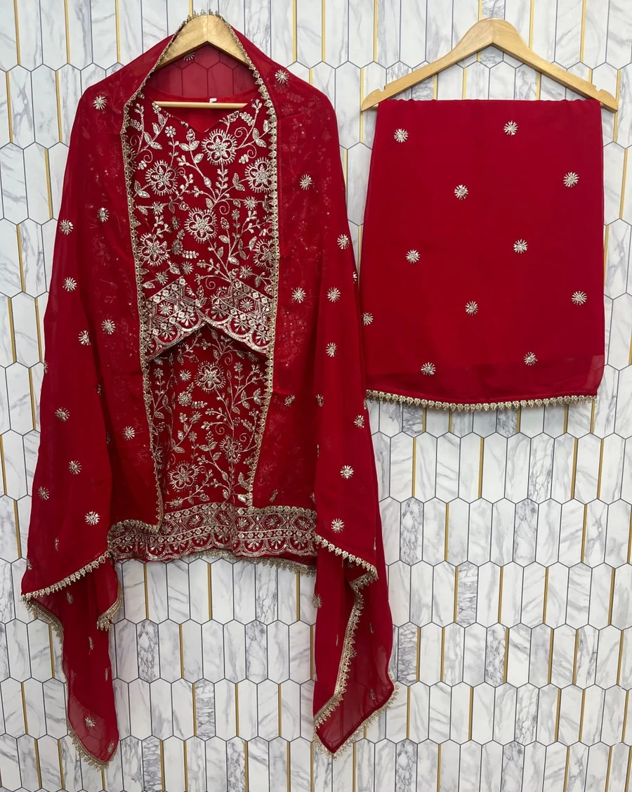 DESIGNER GEORGETTE EMBROIDERY SEQUENCE WORK TOP PALAZZO WITH DUPATTA WEDDING WEAR WHOLESALE PRICE ETHNIC GARMENT (1)