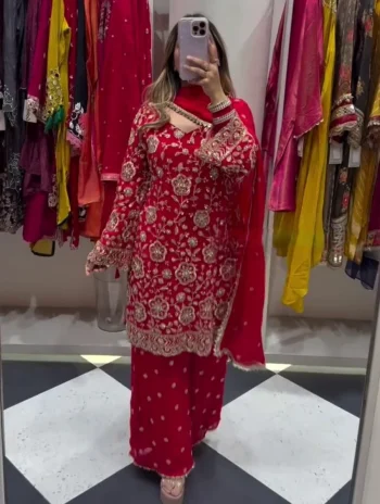 DESIGNER GEORGETTE EMBROIDERY SEQUENCE WORK TOP PALAZZO WITH DUPATTA RED
