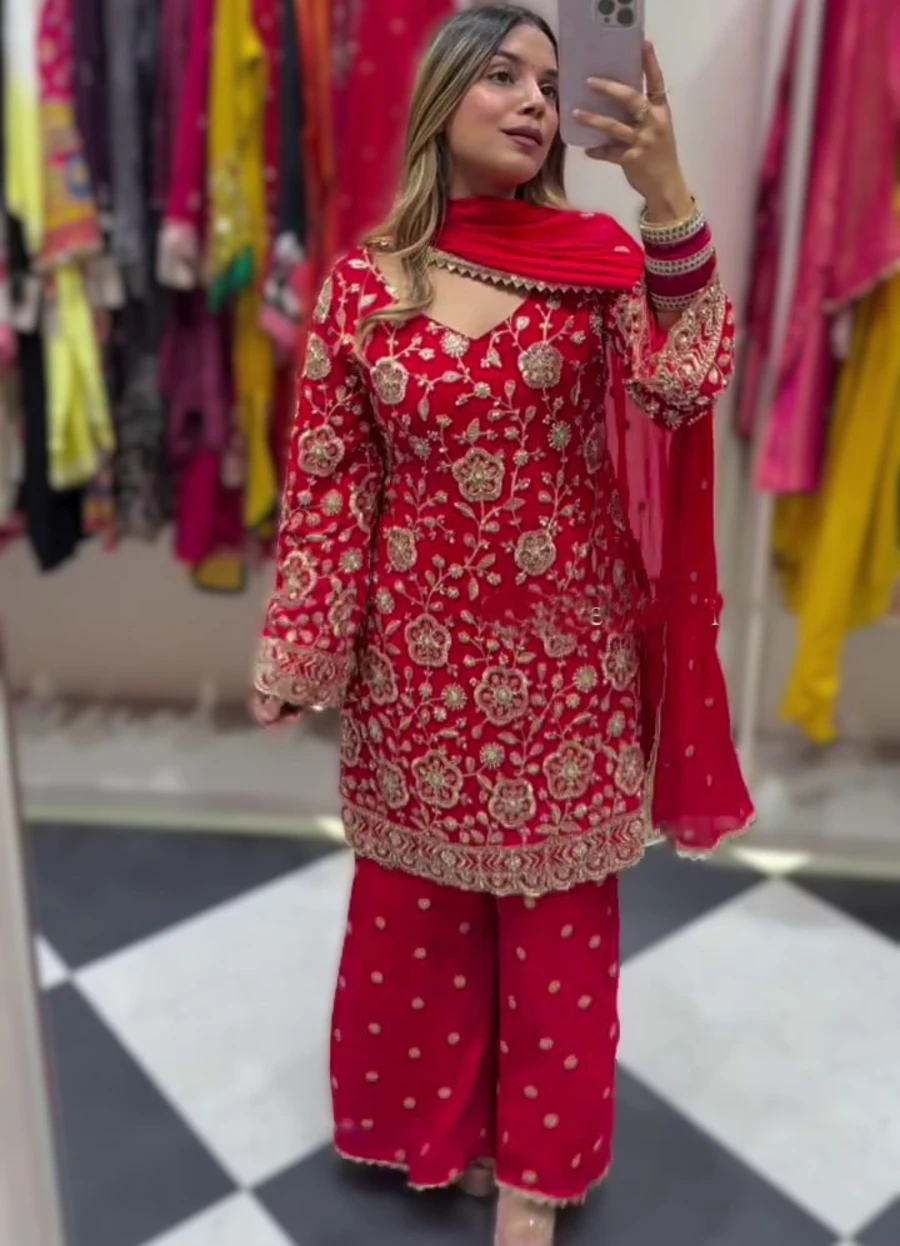DESIGNER GEORGETTE EMBROIDERY SEQUENCE WORK TOP PALAZZO WITH DUPATTA WEDDING WEAR WHOLESALE PRICE ETHNIC GARMENT (5)