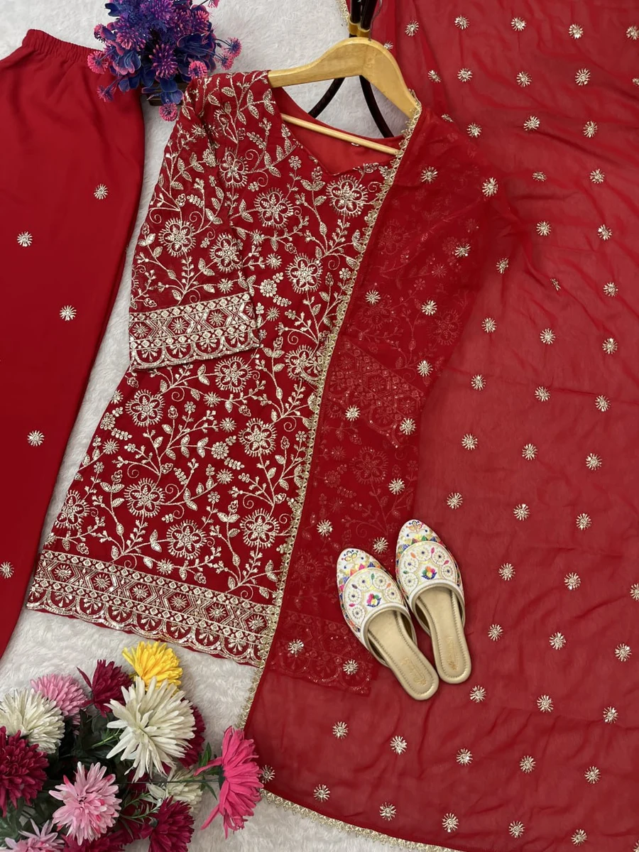 DESIGNER GEORGETTE EMBROIDERY SEQUENCE WORK TOP PALAZZO WITH DUPATTA WEDDING WEAR WHOLESALE PRICE ETHNIC GARMENT (6)