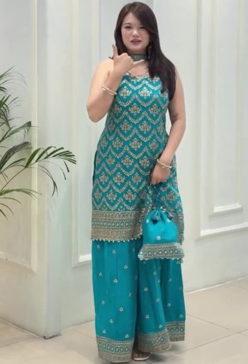 DESIGNER GEORGETTE EMBROIDERY SEQUENCE WORK WITH FANCY LATKAN WORK TOP PALAZZO WITH DUPATTA SKY