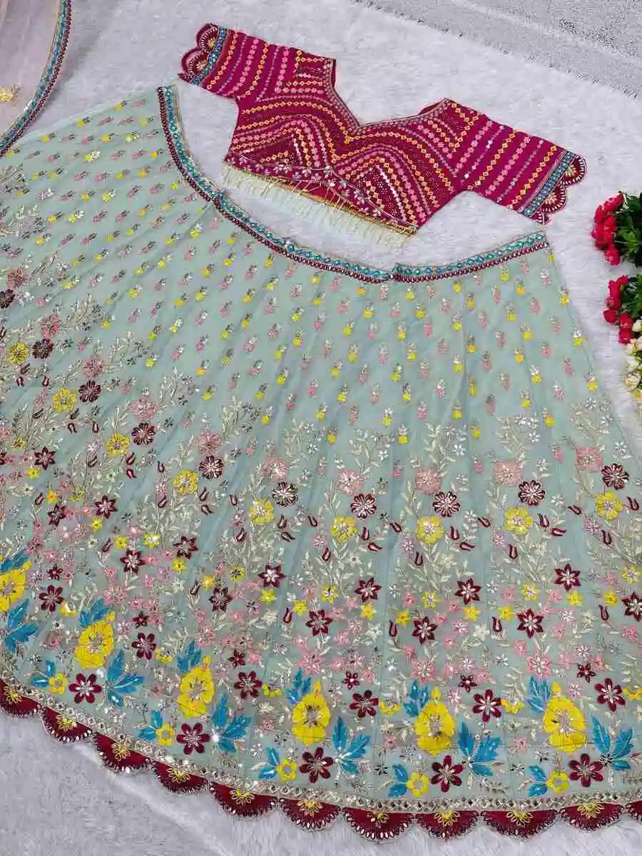 DESIGNER GEORGETTE EMBROIDERY SEQUENCE WORK WITH REAL MIRROR WORK LEHENGA CHOLI WITH DUPATTA WEDDING WEAR WHOLESALE PRICE ETHNIC GARMENT (1)