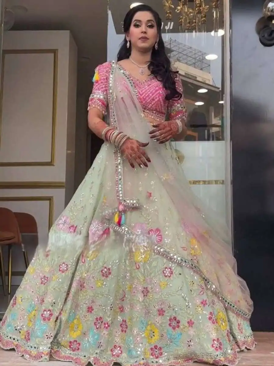 DESIGNER GEORGETTE EMBROIDERY SEQUENCE WORK WITH REAL MIRROR WORK LEHENGA CHOLI WITH DUPATTA WEDDING WEAR WHOLESALE PRICE ETHNIC GARMENT (2)