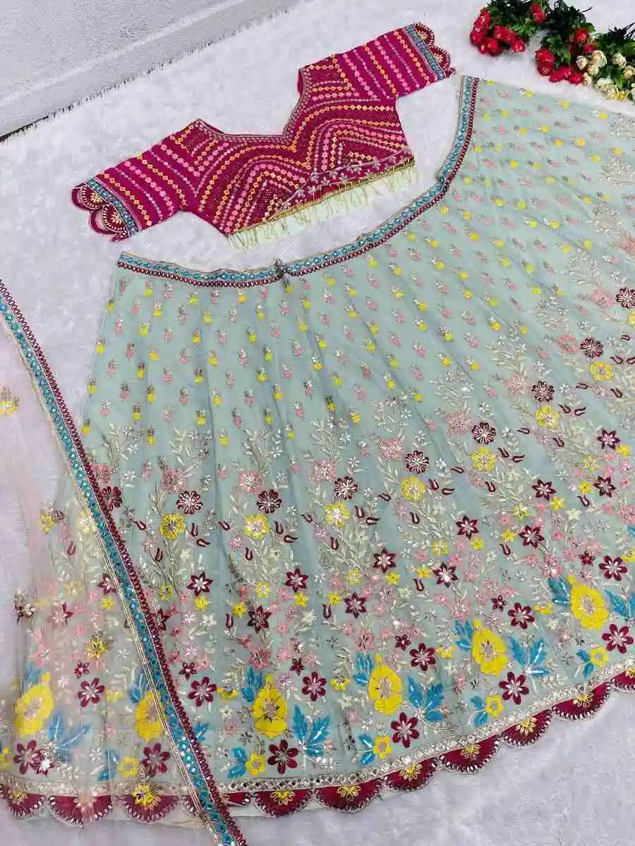 DESIGNER GEORGETTE EMBROIDERY SEQUENCE WORK WITH REAL MIRROR WORK LEHENGA CHOLI WITH DUPATTA WEDDING WEAR WHOLESALE PRICE ETHNIC GARMENT (6)