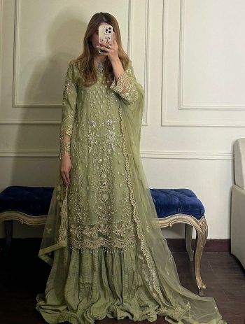 DESIGNER GEORGETTE EMBROIDERY SEQUENCE WORK WITH RIVET MOTI WORK TOP PALAZZO WITH DUPATTA PISTA