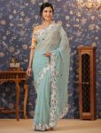 DESIGNER GEORGETTE EMBROIDERY WORK SAREE WITH UNSTITCHED BLOUSE SKY