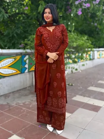 DESIGNER GEORGETTE EMBROIDERY WORK TOP PALAZZO WITH DUPATTA BROWN