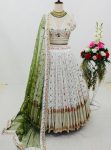 DESIGNER GEORGETTE MULTI NEEDLE SEQUENCE EMBROIDERY WORK LEHENGA CHOLI WITH DUPATTA WHITE AND GREEN