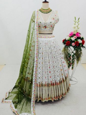 DESIGNER GEORGETTE MULTI NEEDLE SEQUENCE EMBROIDERY WORK LEHENGA CHOLI WITH DUPATTA WHITE AND GREEN