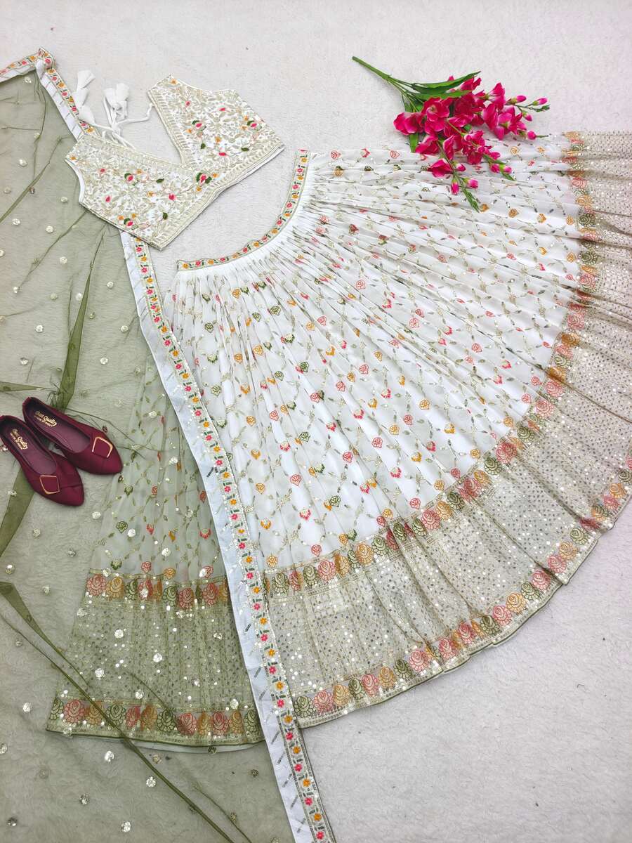 DESIGNER GEORGETTE MULTI NEEDLE SEQUENCE EMBROIDERY WORK LEHENGA CHOLI WITH DUPATTA WEDDING WEAR WHOLESALE PRICE ETHNIC GARMENT (5)