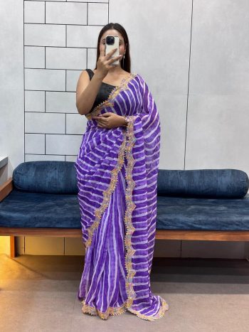DESIGNER GEORGETTE PRINT WITH SEQUNCE EMBROIDERY WORK CUT WORK LACE BORDER WORK SAREE WITH UNSTITCHED BLOUSE PURPLE