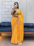 DESIGNER GEORGETTE PRINT WITH SEQUNCE EMBROIDERY WORK CUT WORK LACE BORDER WORK SAREE WITH UNSTITCHED BLOUSE YELLOW