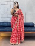 DESIGNER GEORGETTE PRINT WITH SEQUNCE EMBROIDERY WORK CUT WORK LACE BORDER WORK SAREE WITH UNSTITCHED BLOUSE RED