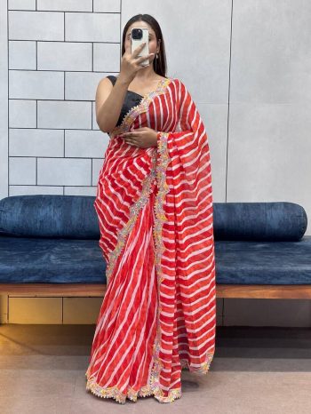 DESIGNER GEORGETTE PRINT WITH SEQUNCE EMBROIDERY WORK CUT WORK LACE BORDER WORK SAREE WITH UNSTITCHED BLOUSE RED