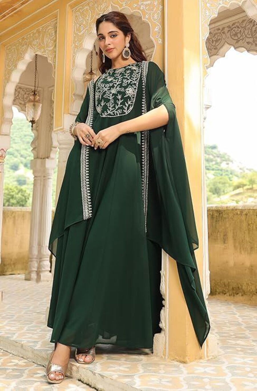 DESIGNER GEORGETTE SEQUENCE CODING EMBROIDERY WORK GOWN WITH DUPATTA CAP PARTY WEAR WHOLESALE PRICE ETHNIC GARMENT (3)