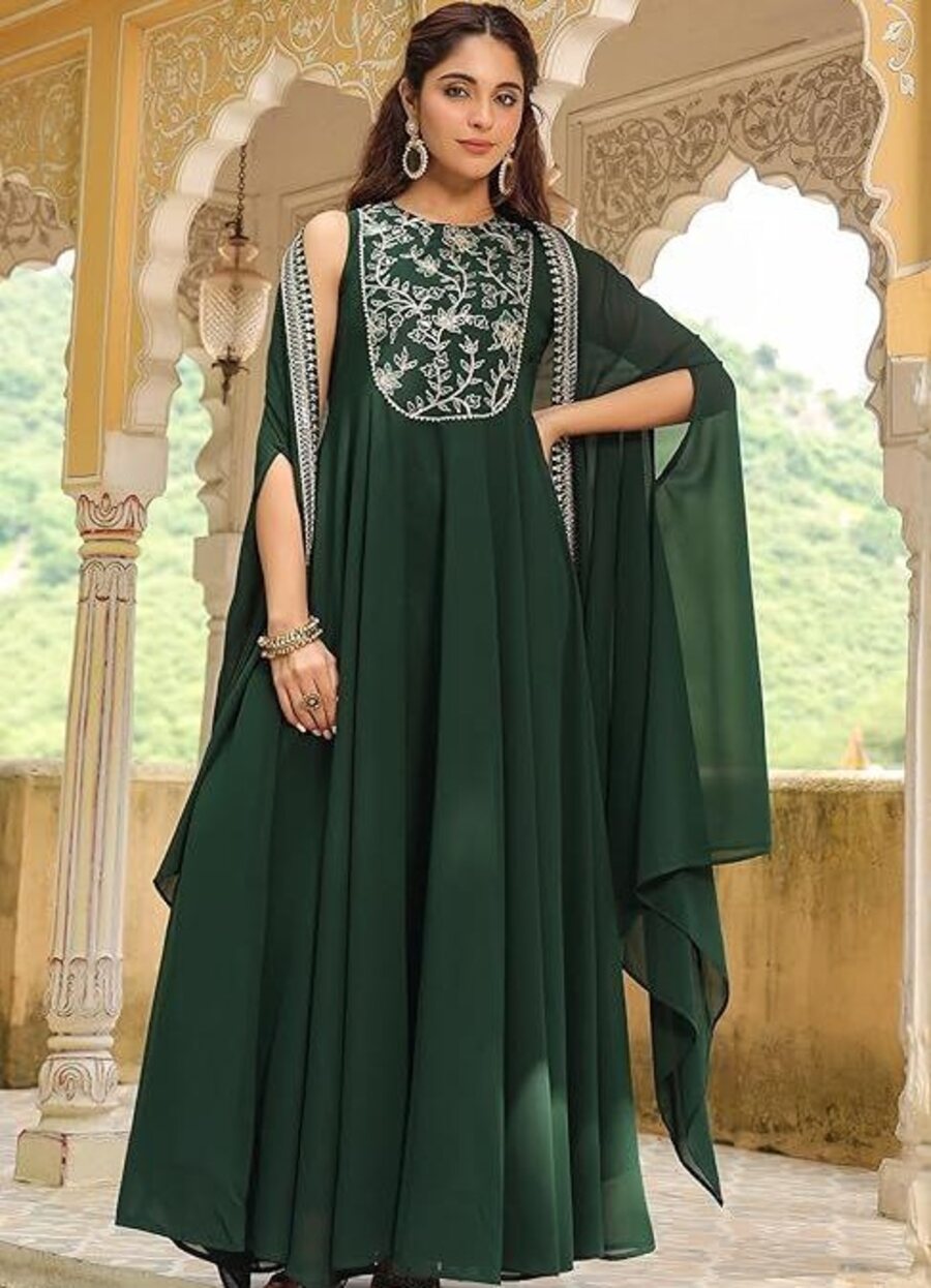 DESIGNER GEORGETTE SEQUENCE CODING EMBROIDERY WORK GOWN WITH DUPATTA CAP PARTY WEAR WHOLESALE PRICE ETHNIC GARMENT (4)