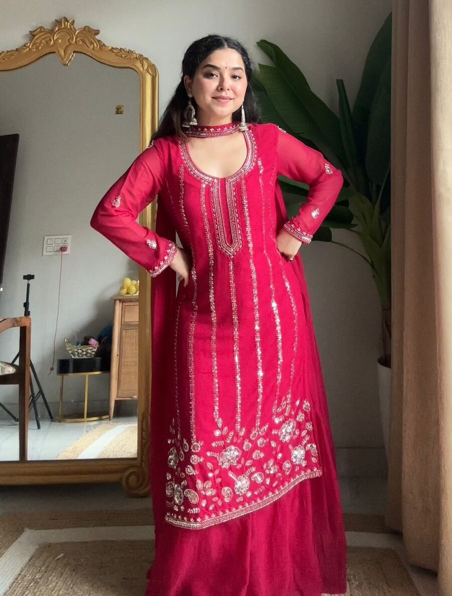 DESIGNER GEORGETTE SEQUENCE EMBROIDERY AND BEADS WORK TOP SHARARA WITH DUPATTA FESTIVE WEAR WHOLESALE PRICE ETHNIC GARMENT (5)