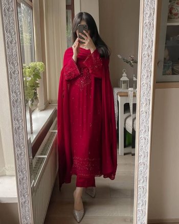 DESIGNER GEORGETTE SEQUENCE EMBROIDERY WORK TOP BOTTOM WITH DUPATTA RED