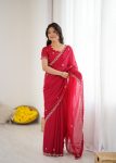 DESIGNER GEORGETTE SILK EMBROIDERY AND MOTI WORK SAREE WITH UNSTITCHED BLOUSE RANI