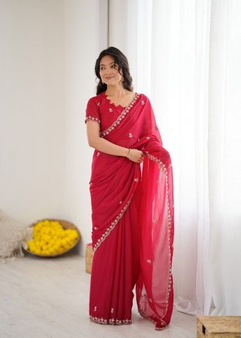 DESIGNER GEORGETTE SILK EMBROIDERY AND MOTI WORK SAREE WITH UNSTITCHED BLOUSE RANI