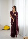 DESIGNER GEORGETTE SILK EMBROIDERY AND MOTI WORK SAREE WITH UNSTITCHED BLOUSE BROWN