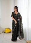 DESIGNER GEORGETTE SILK EMBROIDERY AND MOTI WORK SAREE WITH UNSTITCHED BLOUSE SEA GREEN