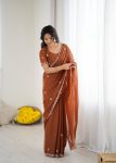 DESIGNER GEORGETTE SILK EMBROIDERY AND MOTI WORK SAREE WITH UNSTITCHED BLOUSE MUSTARD
