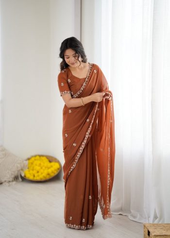 DESIGNER GEORGETTE SILK EMBROIDERY AND MOTI WORK SAREE WITH UNSTITCHED BLOUSE MUSTARD