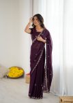 DESIGNER GEORGETTE SILK EMBROIDERY AND MOTI WORK SAREE WITH UNSTITCHED BLOUSE WINE