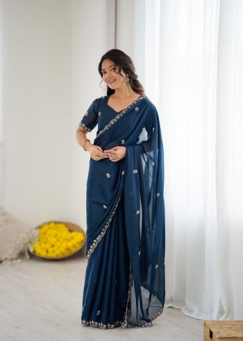 DESIGNER GEORGETTE SILK EMBROIDERY AND MOTI WORK SAREE WITH UNSTITCHED BLOUSE   NAVY BLUE