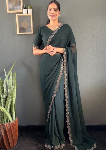 DESIGNER GEORGETTE SWAROVSKI WORK READY TO WEAR SAREE WITH UNSTITCHED BLOUSE DARK GREEN
