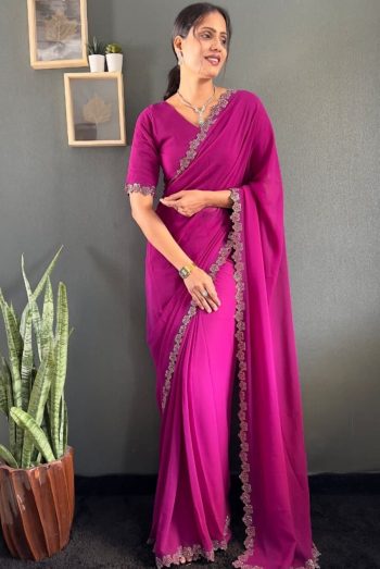DESIGNER GEORGETTE SWAROVSKI WORK READY TO WEAR SAREE WITH UNSTITCHED BLOUSE PINK