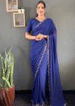 DESIGNER GEORGETTE SWAROVSKI WORK READY TO WEAR SAREE WITH UNSTITCHED BLOUSE BLUE