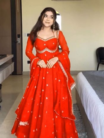 DESIGNER GEORGETTE THREAD WITH SEQUENCE WORK GOWN BOTTOM WITH DUPATTA ORANGE
