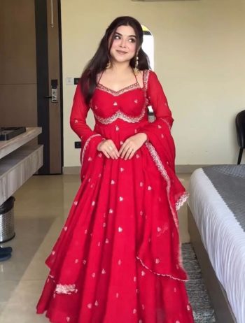 DESIGNER GEORGETTE THREAD WITH SEQUENCE WORK GOWN BOTTOM WITH DUPATTA  RED