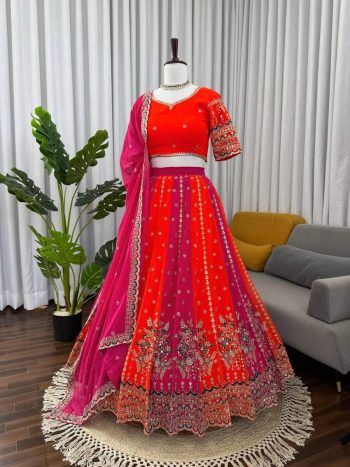 DESIGNER GEORGETTE THREAD WITH SEQUENCE WORK LEHENGA CHOLI WITH DUPATTA RED AND PINK
