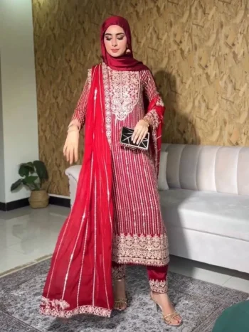 DESIGNER GEORGETTE THREAD WITH SEQUENCE WORK TOP BOTTOM WITH DUPATTA RED