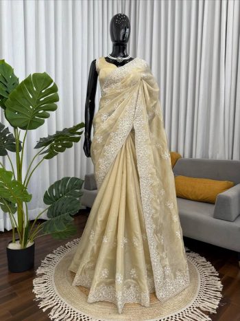 DESIGNER JIMMY CHOO CODING WITH THREAD WORK SAREE WITH UNSTITCHED BLOUSE CREAM