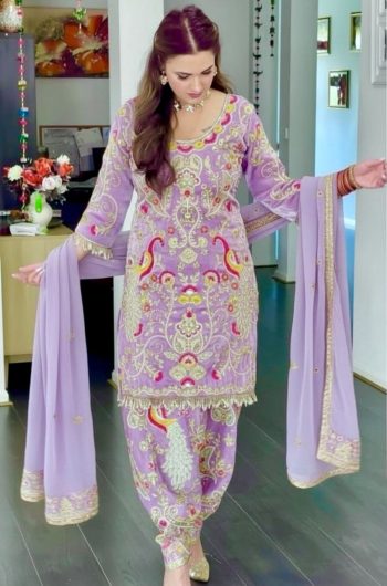 DESIGNER JIMMY CHOO EMBROIDERY CHAIN SEQUENCE AND HAND WORK TOP PATIYALA WITH DUPATTA LAVENDER