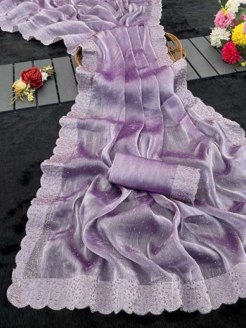 DESIGNER JIMMY CHOO JHARKAN HOT FIX LACE ON BORDER CURTWORK SAREE WITH UNSTITCHED BLOUSE LAVENDER