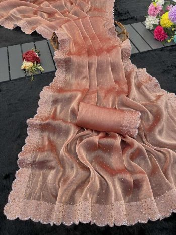 DESIGNER JIMMY CHOO JHARKAN HOT FIX LACE ON BORDER CURTWORK SAREE WITH UNSTITCHED BLOUSE PEACH