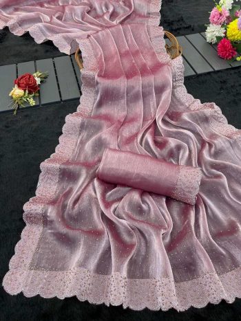 DESIGNER JIMMY CHOO JHARKAN HOT FIX LACE ON BORDER CURTWORK SAREE WITH UNSTITCHED BLOUSE BABY PINK