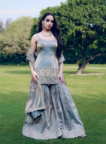 DESIGNER JIMMY CHOO ORGANZA EMBROIDERY SEQUENCE WORK TOP PALAZZO WITH DUPATTA SKY