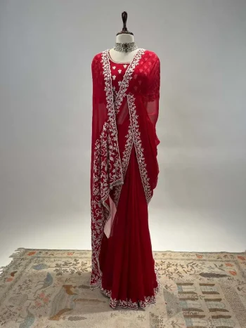 DESIGNER JIMMY CHOO SILK MULTI THREAD EMBROIDERY CODING SEQUENCE WORK SAREE WITH UNSTITCHED BLOUSE RED
