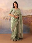 DESIGNER JIMMY CHOO SILK SEQUENCE EMBROIDERY CUT WORK LACE BORDER WORK SAREE WITH UNSTITCHED BLOUSE PISTA