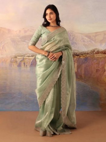 DESIGNER JIMMY CHOO SILK SEQUENCE EMBROIDERY CUT WORK LACE BORDER WORK SAREE WITH UNSTITCHED BLOUSE PISTA