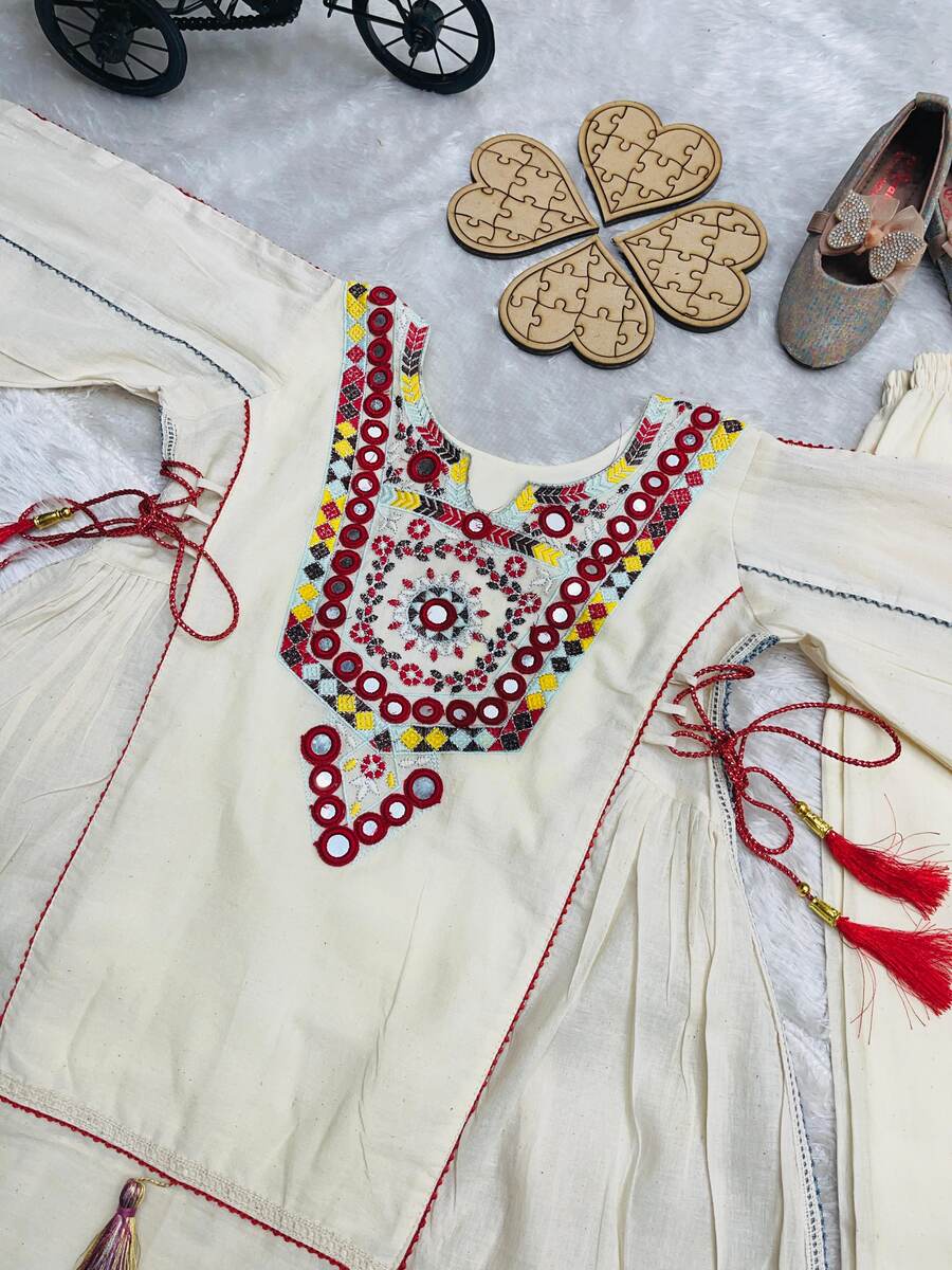 DESIGNER KHADI COTTON EMBROIDERY SEQUENCE WORK WITH REAL MIRROR WORK KID'S TOP PALAZZO SET FESTIVE WEAR WHOLESALE PRICE ETHNIC GARMENT (10)